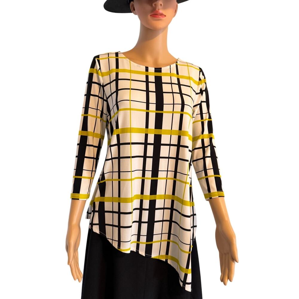 Alfani Black White & Gold Plaid Asymmetrical Top, Women's Size PM